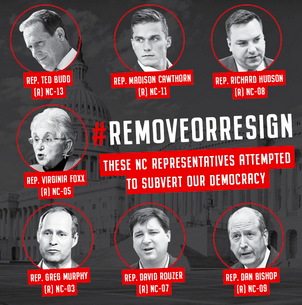 ProChoice_NC's tweet photo. Last week's attack was caused by a pres & legislators like @RepGregMurphy @foxxforcongress @RepDavidRouzer @RepRichHudson @CawthornforNC @RepTedBudd @RepDanBishop who refuse to accept the clear outcome of a legitimate election. We won't be intimidated--#RemoveOrResign https://t.co/nagPJ0GqPM