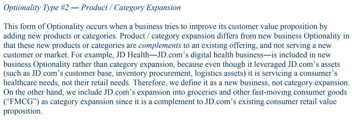 Optionality #2: Product / Category Expansion - JD's "JD Health" business- Tinder's "Boost" feature- Square's "For Retail" and "For Restaurant" How to find: focus on the customers’ objectives & determine whether the current or potential products/services fulfils objective