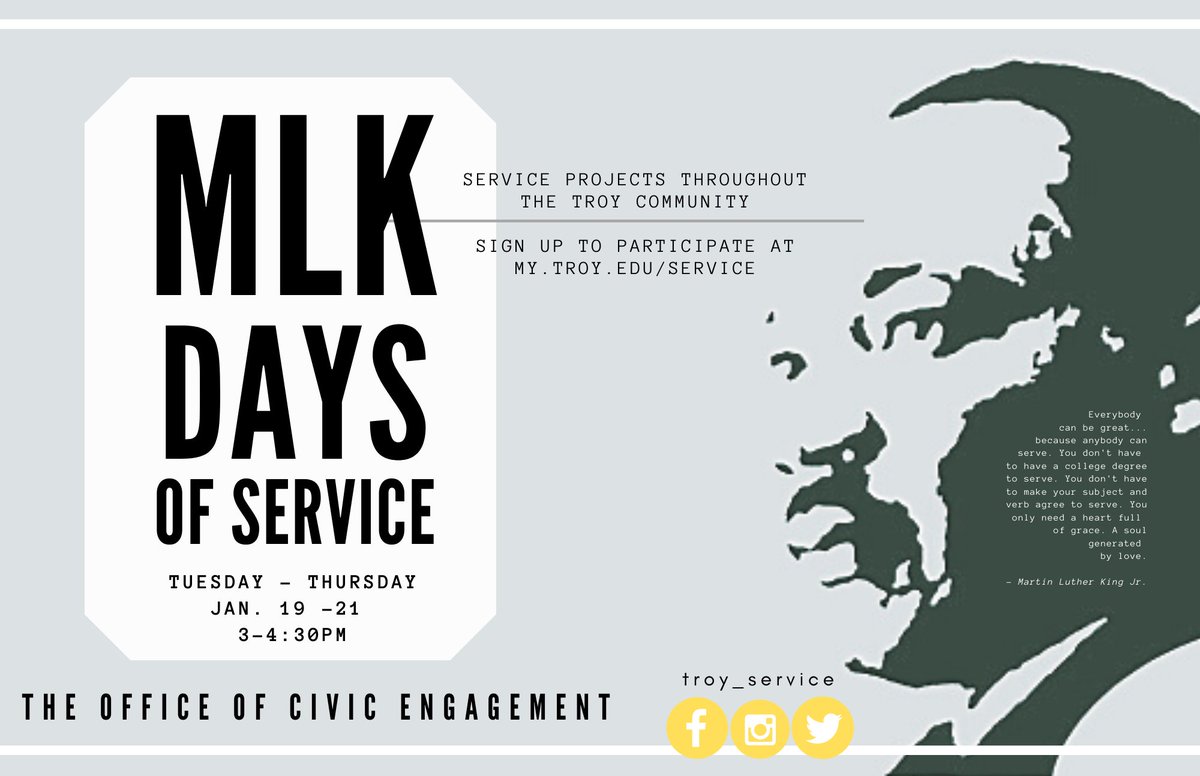 Troy_Service's tweet image. It’s Wednesday Trojans! That means that we are just under a week away from our MLK Days of Service. Sign up through the link below!

my.troy.edu/service

#MLKdaysofservice #Troyservice #TroyUniversity #Troystudents