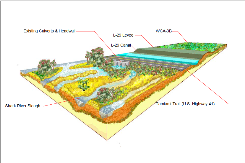 3/ The map shows a macro view. On a more granular level, the rendering shows how the small culverts (concrete tubes) under the Tamiami are totally insufficient to allow sufficient southward flow of fresh water into the Everglades.