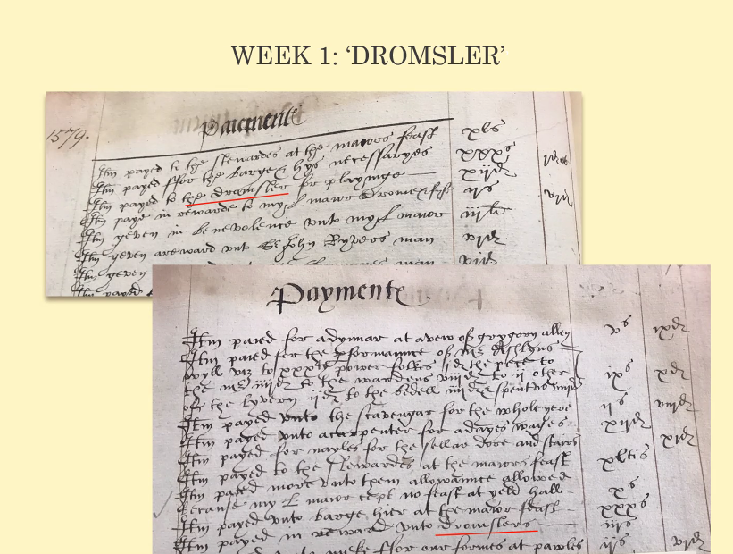 And the range of documents is *huge*. So here's something from week one and the records of the Pewterer's Company - which resulted in not only a record but a nice  @OED antedating of the word 'Dromsler' which you'll have to look up...
