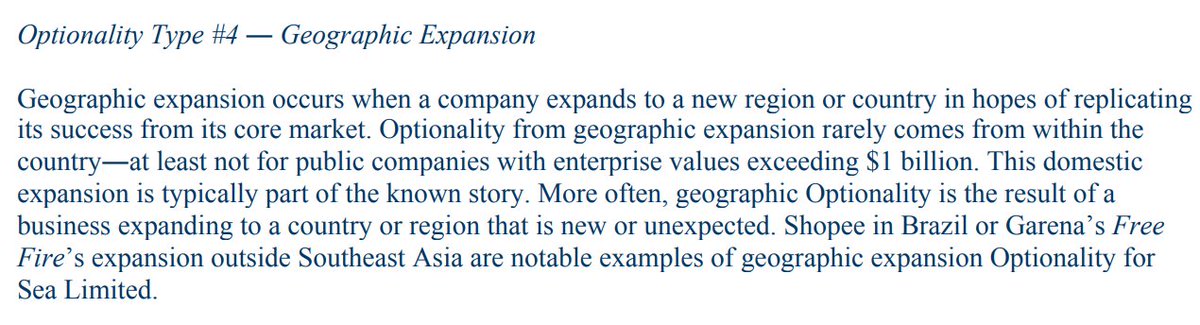 Optionality #4: Geographic Expansion- Shopee in Brazil- Starbucks into international markets"Geographic expansion occurs when a company expands to a new region or country in hopes of replicatingits success from its core market."