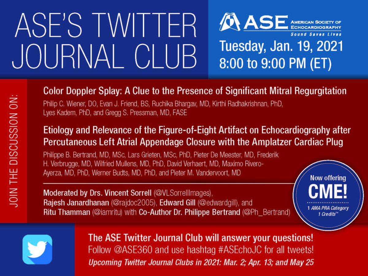 ASE360's tweet photo. SAVE THE DATE: #ASEchoJC on Tues. Jan. 19 at 8 PM ET as we discuss Color Doppler Splay &amp; Etiology an Relevance of Figure-of-Eight Artifact on Echo after Percutaneous LA Appendage Closure w/ Amplatzer Cardiac Plug. 

CME Available:: https://t.co/070eEjJqQq
https://t.co/qiGQrEdDnO https://t.co/zw1M0W8ACZ