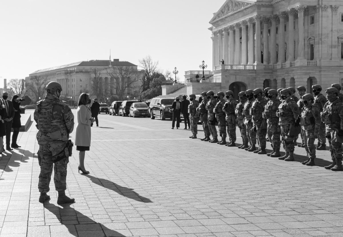 SpeakerPelosi's tweet photo. Even during this dark time in the history of America, we find reasons for hope. It was my privilege today to personally thank members of the National Guard who are working protect our nation’s Capitol. Thank you for your commitment to our American democracy. https://t.co/20VnePSyYP