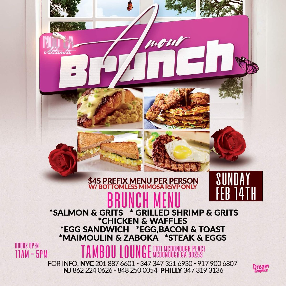 Good afternoon !!!
Event 3 for Nou la AtL weekend.
Feb 12 - 15th 
Sunday morning let’s not wake up and not do nothing make ur way down to Amour Brunch on Valentine’s Day 
$45 Pre-fix with unlimited Mamosa‘s
Vibe with us from 11am to 5pm 
RSVP only! DM me for more Information!