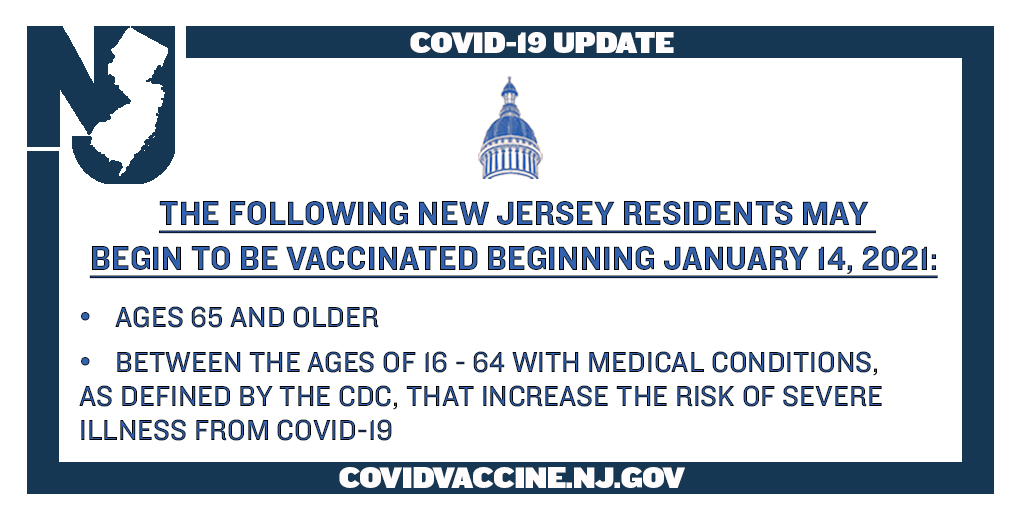 BREAKING: Beginning TOMORROW, the following New Jersey residents are eligible for the #COVID19 vaccination:
☑️Ages 65 years and older
☑️Between the ages of 16-64 with medical conditions, as defined by <a href="/CDCgov/">CDC</a>, that increase the risk of severe illness from the virus