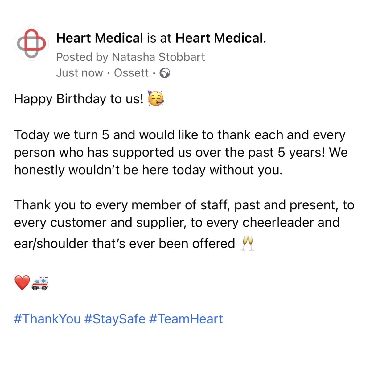 HeartMedicalUK's tweet photo. Happy Birthday to us! ��

Today we turn 5 and would like to thank each and every person who has supported us over the past 5 years! We honestly wouldn’t be here today without you. 🥂 

❤️🚑 

#ThankYou #StaySafe #TeamHeart https://t.co/ckgfqjx5Sn