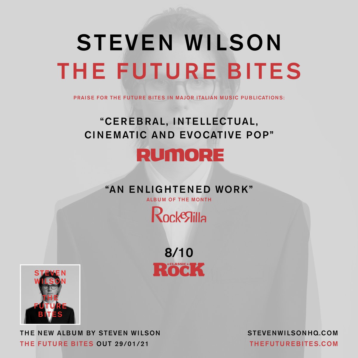 StevenWilsonHQ's tweet photo. Praise for @thefuturebites in major Italian 🇮🇹 music publications:

#Rockerilla - Album of the Month: “an enlightened work"
@RumoreMagazine - "cerebral, intellectual, cinematic and evocative pop"
@ClassicRockMag - 8/10

Album out 29th Jan, pre-order here: https://t.co/zScS2FjVVk https://t.co/VX2rLaClO5