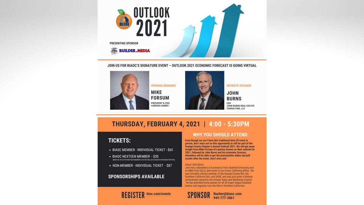 Join us for the first event of the year! 🎉Don’t miss BIAOC’s Annual Outlook 2021 featuring Mike Forsum of @LandseaHomes and an economic forecast presented by @johnburnsjbrec.🍊 Register & Sponsor Today! cutt.ly/tjmDy4P #biaoc #orangecounty #economicoutlook