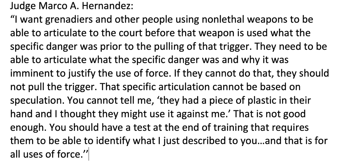 maxoregonian's tweet photo. Fed Judge Marco A. Hernandez signals that he wants improved training for police on when proper to fire its less-lethal launchers - during hearing on what sanctions to issue for finding @Portlandpolice in contempt of his restrictions. 

bkgd here: https://t.co/h8e3Kus9bL https://t.co/uN3vRrv5FC