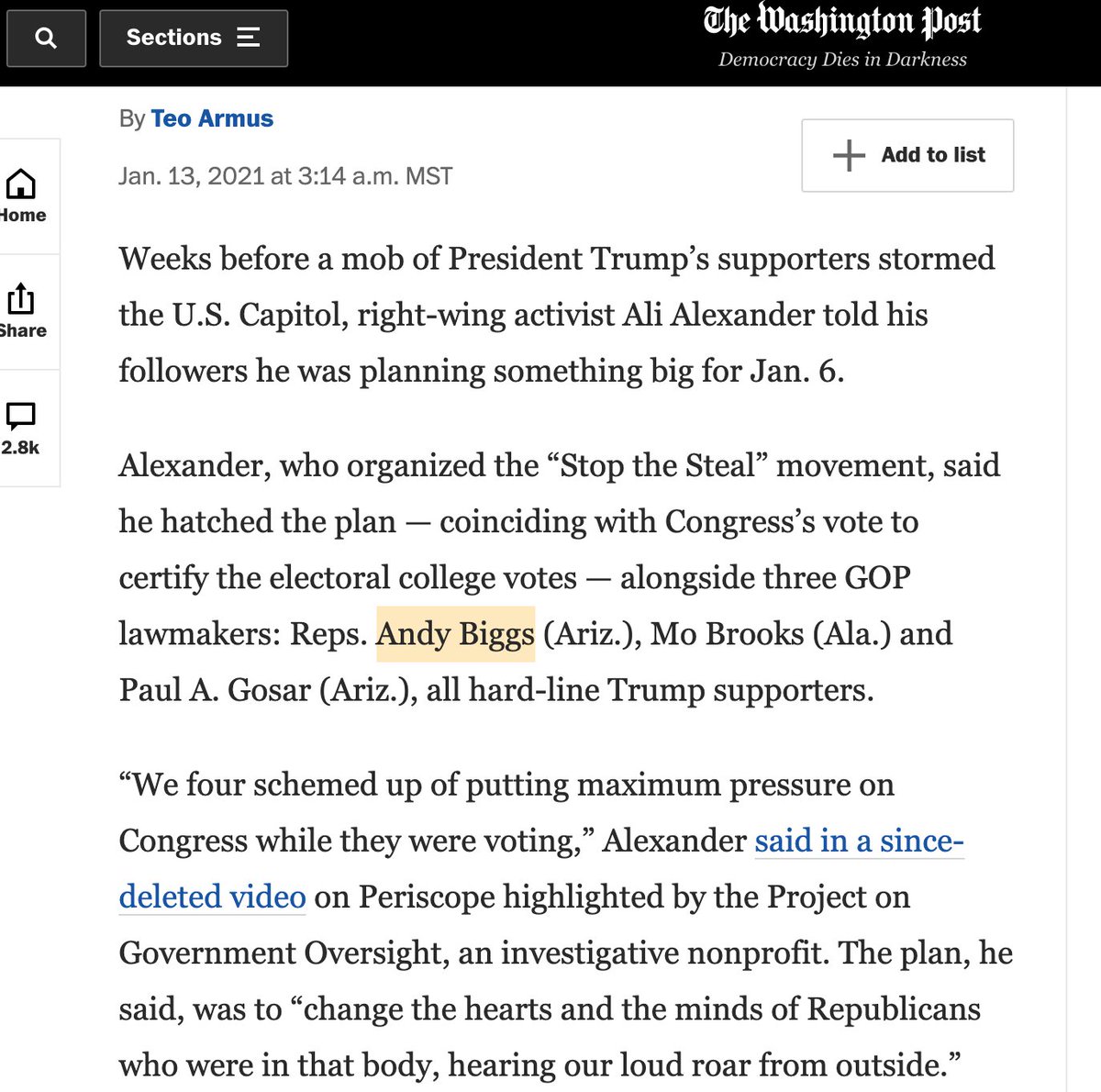 Washington Post article naming congressman Andy Biggs as an organizer of the "Stop the Steal" movement and attack on the Capitol