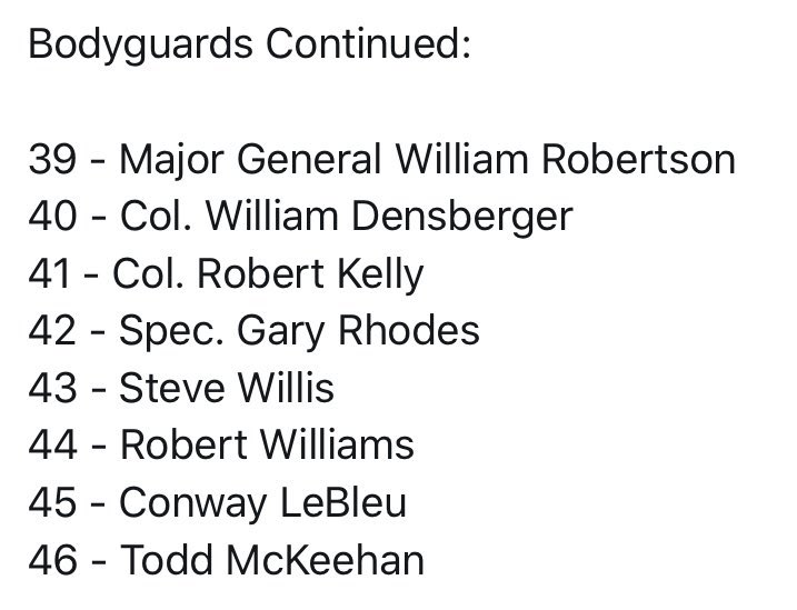 Deceased Clinton Bodyguards Continued:42 - Spec. Gary Rhodes43 - Steve Willis44 - Robert Williams 45 - Conway LeBleu46 - Todd McKeehan