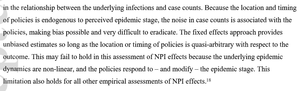 The funny part is: They admit that in the paper; they're saying that as long as NPIs aren't randomly allocated, which they clearly aren't, there's bias. Their excuse: 'Everyone else is having the same problem!'