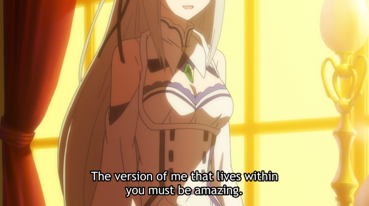 Take note of Subaru's words here — his growth is notable, and this conversation feels like a continuation of their quarrel in Episode 13, in a way.Subaru accepts all of her weaknesses & offers to walk by her side, without doing everything for her (like by taking the Trials).