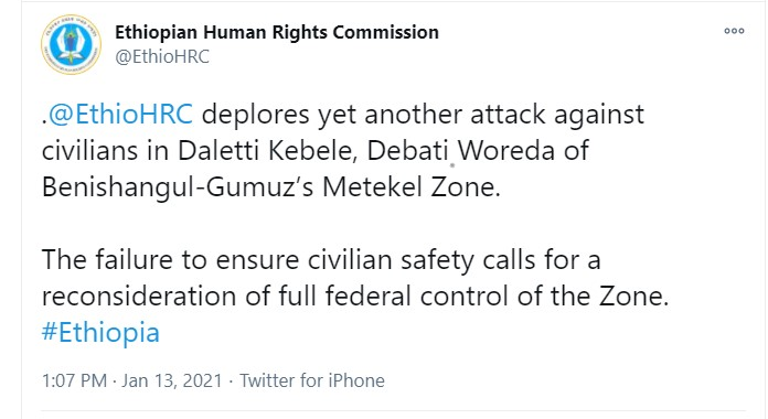 NeaminZeleke's tweet photo. A call for #Federal control of #Metekle zone @EthioHRC "..failure to ensure civilian safety calls for a reconsideration of full federal control of the Zone".Continued carnage of innocent #Amharas in #Benishangule_Gumuz has to end.#PM @AbiyAhmedAli should consider the option. https://t.co/qC31o4cIAx