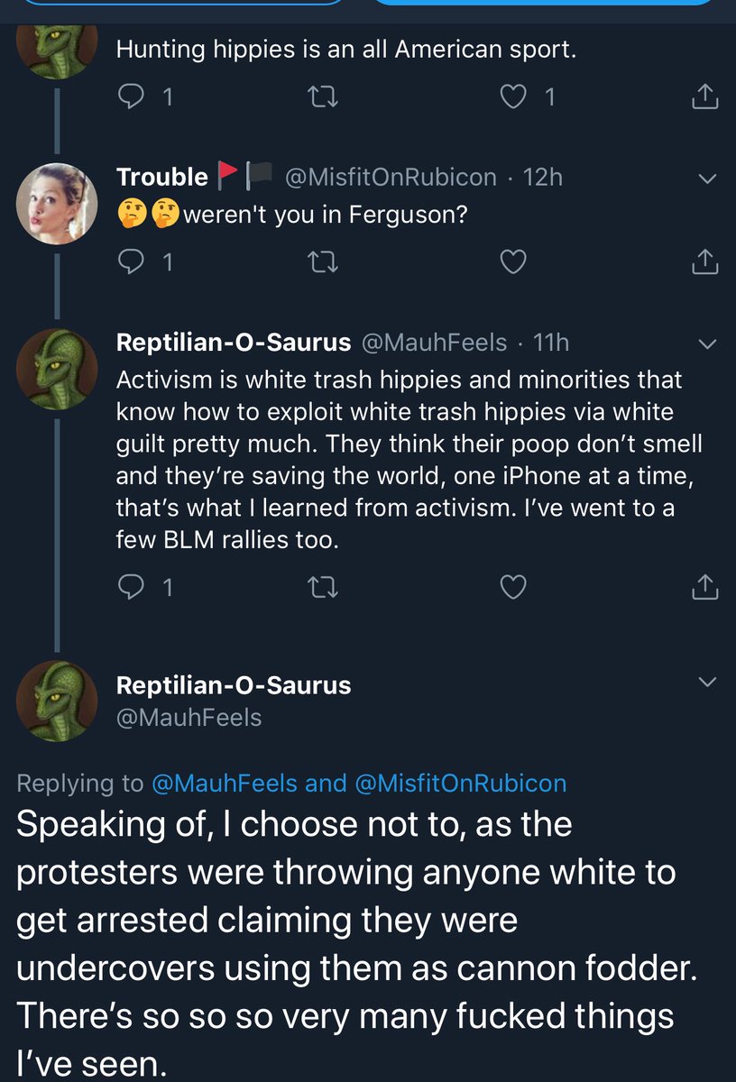 MissLadyAlexi's tweet photo. @JingleBelles4 This wasn’t long ago...and there’s lots of archives of him from the OpFerguson days, his racist RW comments.
This isn’t stalking. This is the truth. These are his words and sentiments about leftists and activism. 

https://t.co/73IT3ZvzvN https://t.co/gCJ4ZcAfPx