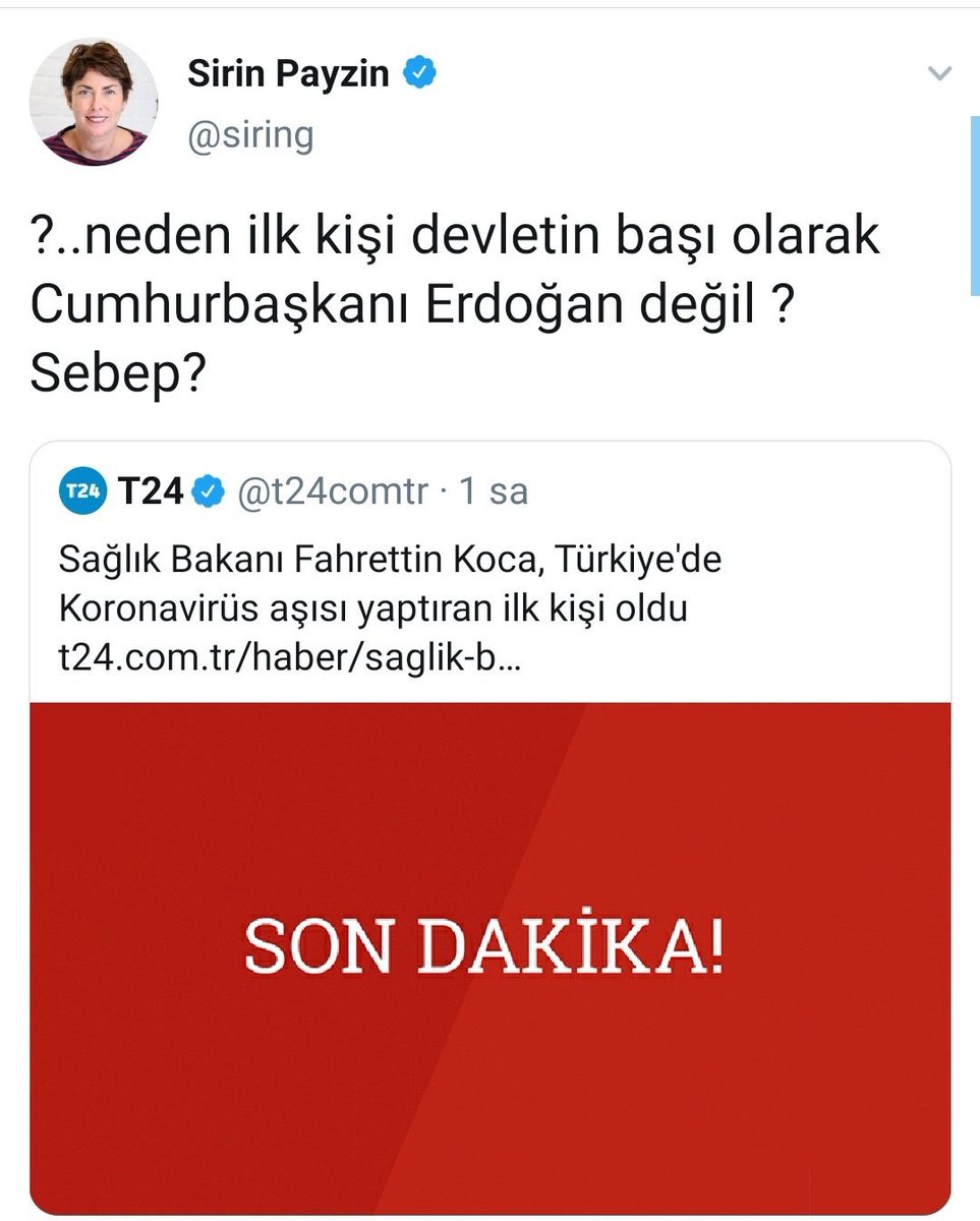 Şaka gibi 
Erdoğan aşı olursa;
Aşıyı ilk kendi oluyor, millet ikinci planda..

Erdoğan aşıyı olmazsa; ilk kendi olmuyorsa aşı kötüdür, milleti  kullanıyor..