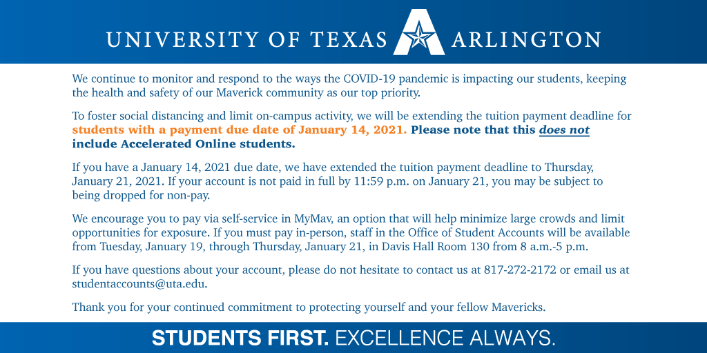 UTAStudentAccts's tweet photo. Important information regarding students with a January 14, 2021 payment due date. This does not apply to Accelerated Online students. https://t.co/dZzmWD4AT9