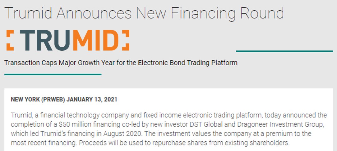 FTPartners's tweet image. Congrats to Trumid on its $50 million financing co-led by DST Global and Dragoneer! This follows Trumid’s $200 million raise in August 2020 advised on by FT Partners prweb.com/releases/trumi… #FinTech #CapitalMarketsTech