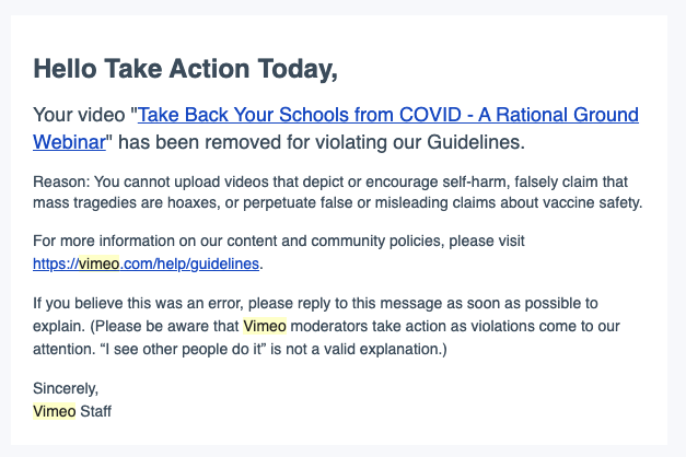 justin_hart's tweet photo. The de-platforming continues.

@Vimeo just took down our incredibly engaging set of webinar videos from @rational_ground. Last night, for example, we heard from a full credentialed pediatrician about the harms of the lockdowns. Taken down!

You must assimilate and think the same! https://t.co/pZonsHVucz