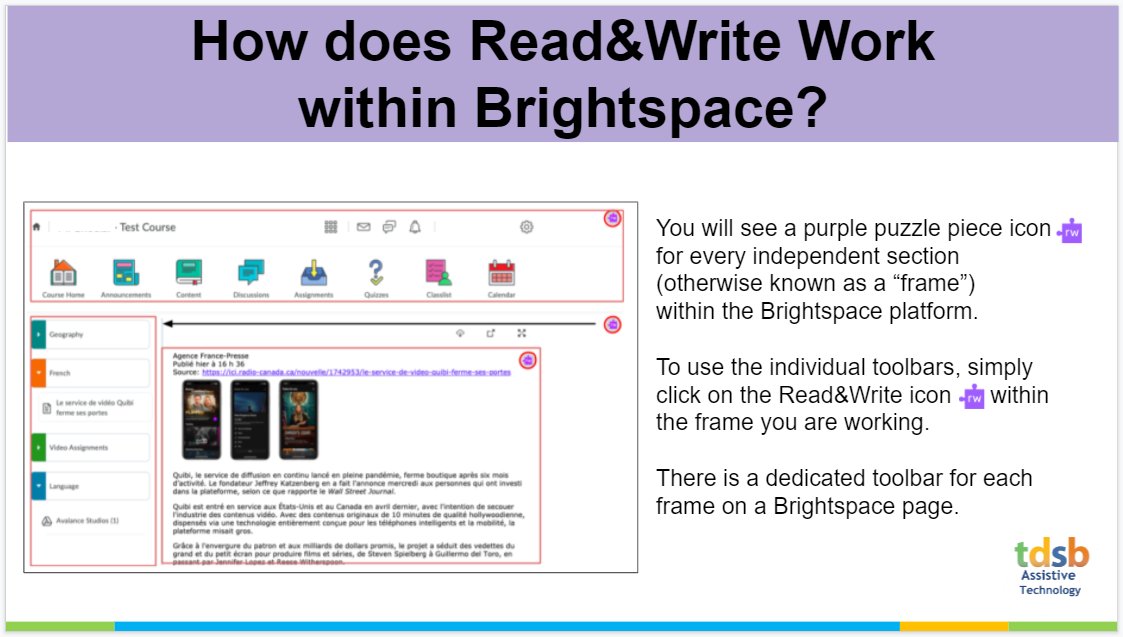 TDSB_AT's tweet photo. Exciting News!  Read&amp;Write has updated the toolbar to seamlessly work within the Brightspace platform.  To learn more, please sign up on K2L or sign up for virtual office time. #TDSB #TDSBDLL #Assistivetechnology #UDL https://t.co/yTzgZLJ7Gt