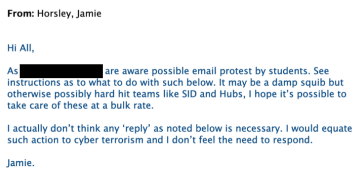jim_dickinson's tweet photo. "Senior member of Exeter Uni staff calls student protest ‘cyber terrorism’" https://t.co/AAcU24YCOy https://t.co/RAVNBIZc82