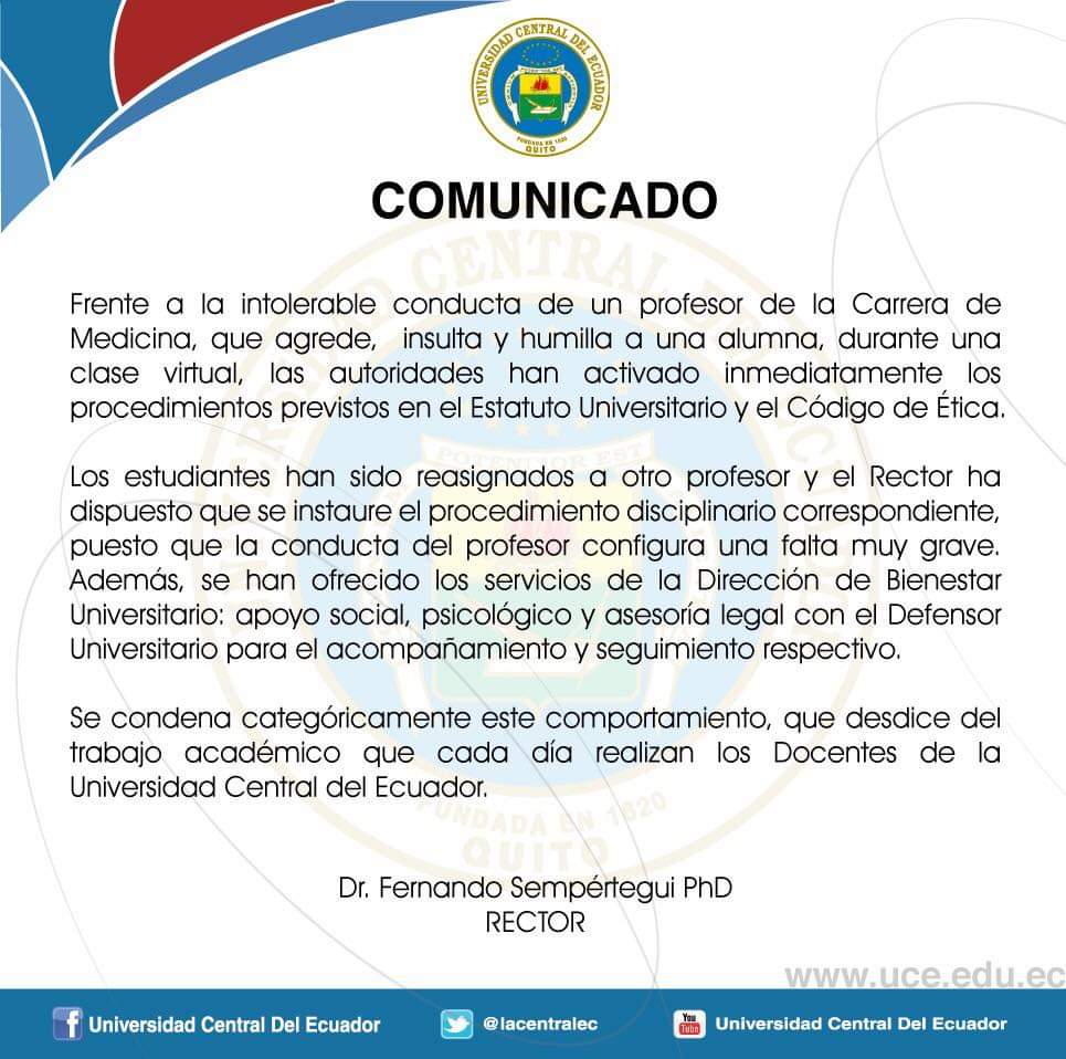 IntramurosE's tweet photo. Mediante un comunicado oficial, la Universidad Central del Ecuador, expuso que: "la conducta de un profesor de la carrera de Medicina, han activado procedimientos provistos en el Estatuto Universitario"
¿Qué pasa con el método de enseñanza en la educación superior?
#IntramurosEc https://t.co/HIyPfNvT6U
