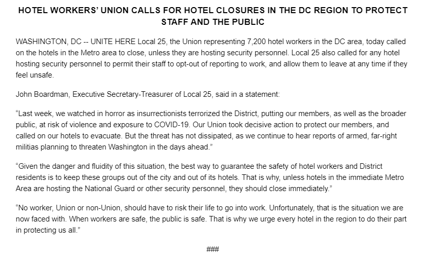 UHLocal25's tweet photo. We are calling on hotels in the DC region to close ahead of inauguration, unless they are hosting security personnel. Any hotel that stays open must permit workers to stay home and/or leave the moment they feel unsafe. Our full statement ⬇️ https://t.co/SB1Tfwanfs
