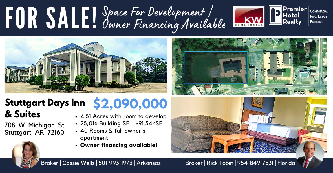 CREPropertyWire's tweet image. We are pleased to share this hotel opportunity from Premier Hotel Realty:   

🏨 FOR SALE: Stuttgart Days Inn &amp;amp; Suites - AR | PRICE: $2,090,000 

⭕️ 4.51 Acres with room to develop
⭕️ 40 Rooms &amp;amp; full manager's/owner's apartment 

Contact Rick Tobin for more information!
