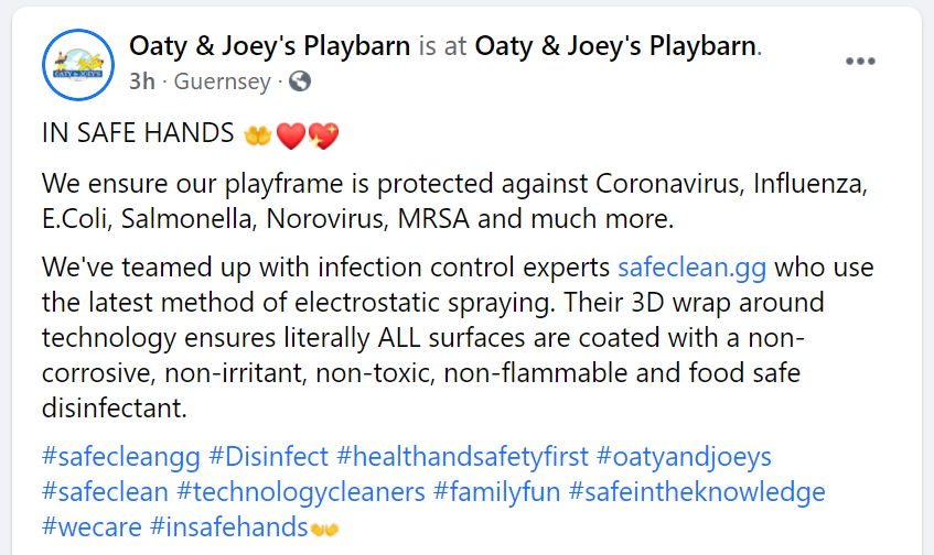 safecleangg's tweet photo. Proud to support #OatyandJoeysPlaybarn  with their pro-active stance to infection control. #safecleangg #Disinfect #healthandsafetyfirst #oatyandjoeys #safeclean #technologycleaners #familyfun #safeintheknowledge #wecare #insafehands👐 https://t.co/Bt47nY1D2C