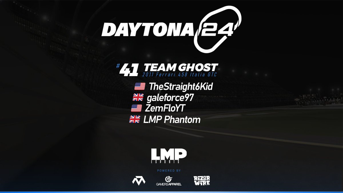 Our third livery reveal and driver lineup is the #41 Team Ghost car. Drivers TheStraight6Kid, <a href="/galeforce97/">Matt Gale</a>, ZemFloYT and <a href="/LMP_Phantom/">Toby Reed | LMP Phantom</a> will drive the Ferrari around Daytona for 24h.

Livery by <a href="/breadgamechaser/">Alec</a>. #ExceLMP
