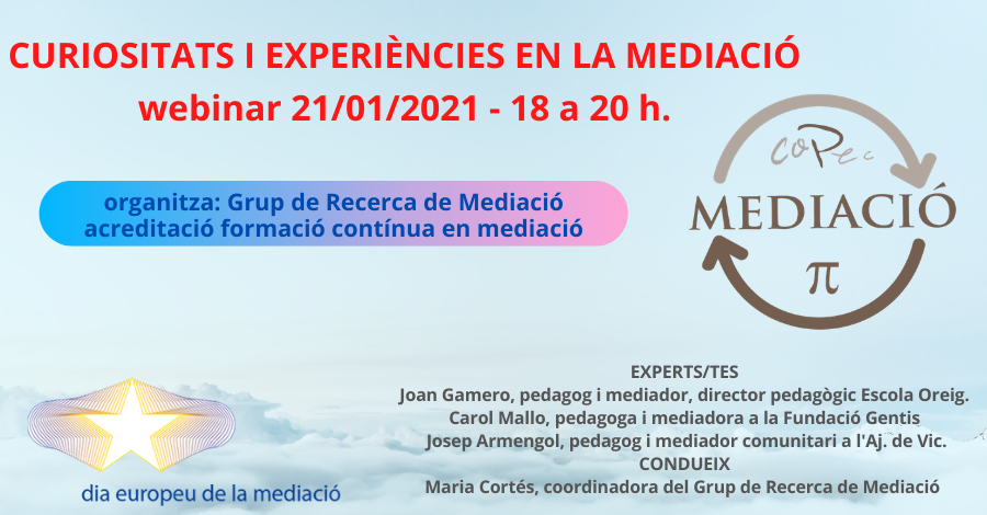 CopecPedagogs's tweet photo. #DiaEuropeuMediacio2021 "CURIOSITATS I EXPERIÈNCIES EN LA MEDIACIÓ" adreçat a #pedagxgs i #psicopedagxgs i @mediadxrs . 🗓️21/01/2020 ⏳18 a 20h 
📲https://t.co/EMwq4aH499 https://t.co/1xuBARvhJB