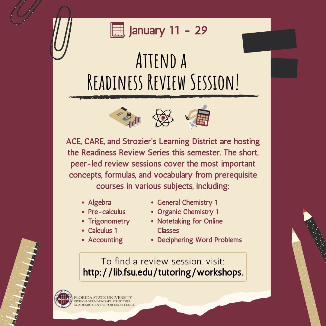 FSU_ACE's tweet photo. Need a refresher on pre-requisite material? Attend a Readiness Review session to help get you prepared! #ReadinessReview #FSUAcademicSupport https://t.co/Q2m7aZNHiK