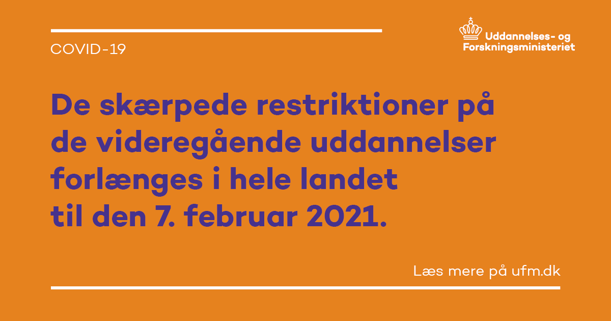 Varigheden af de skærpede COVID-19-restriktioner bliver nu forlænget til 7. februar 2021.
Få overblik over restriktionerne på de videregående uddannelser: https://t.co/eQTjRg1M7y #covid19dk #uddpol #dkpol https://t.co/b9nRaNotro