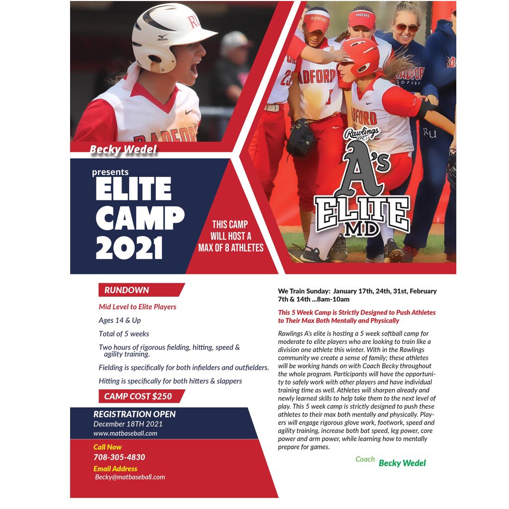 Don’t miss this opportunity to work with our great softball 🥎 staff!! Limited spots for this camp.  To register go to matbaseball.com