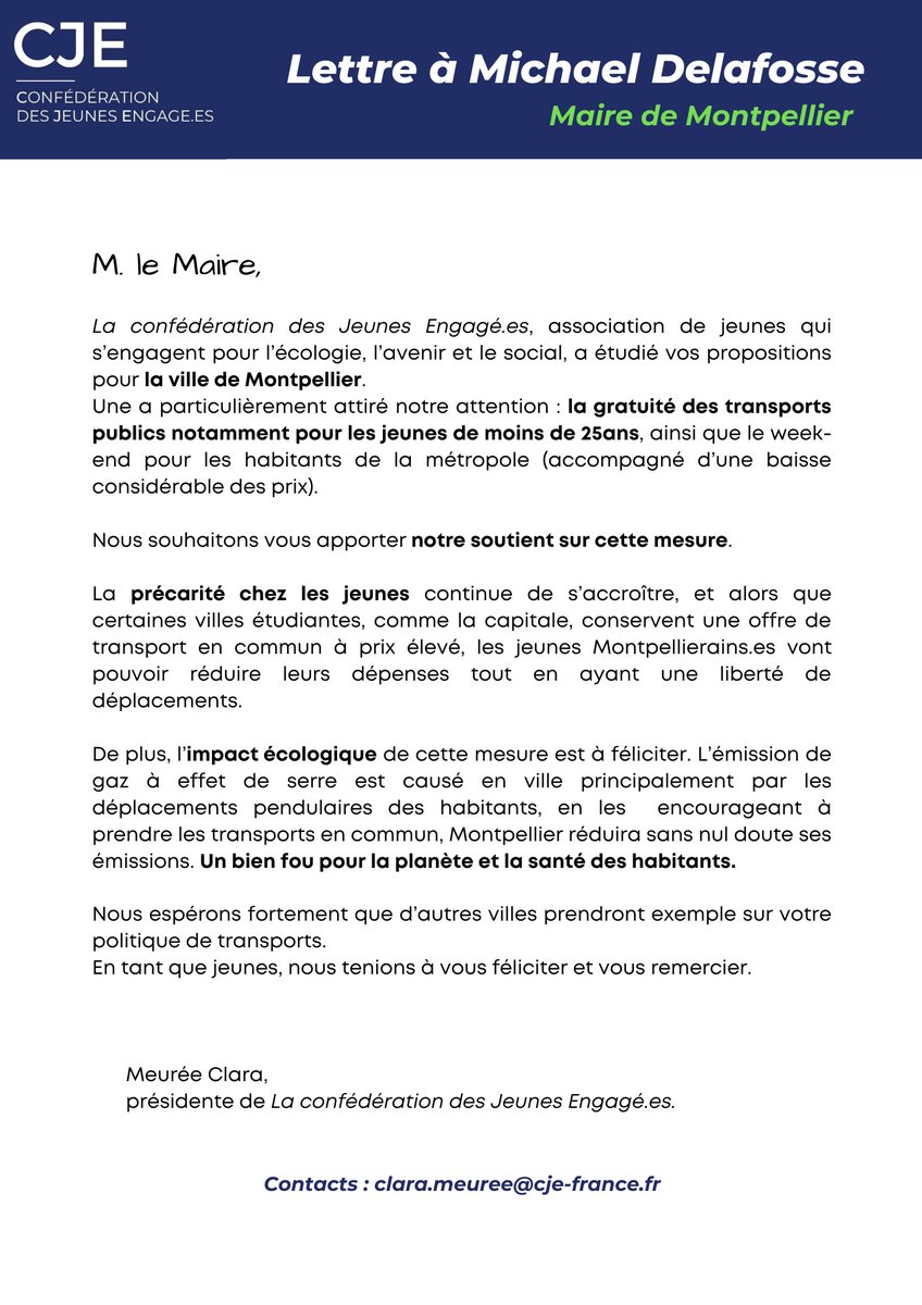 JeunesEngagees's tweet photo. Montpellier devient la première métropole de France mettre en place la #GratuitéDesTransports pour ses habitants. 

Pour soutenir cette initiative, voici notre lettre à @MDelafosse. ⤵️

Nous espérons que cette initiative inspirera d’autres villes sur leur politique de transports. https://t.co/RjgGjnvyY0