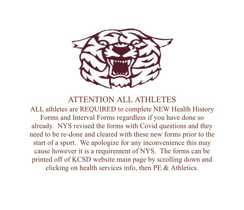 KHSTigerNation's tweet photo. ❗️WINTER SPORTS ATHLETES SEE BELOW ❗️

The following Winter Sports start Tuesday, 1/19 👏 

🎿 Skiing
🎳 Bowling
🤸‍♂️ Gymnastics 
🏊‍♂️ Boys Swimming
🏃‍♂️ Indoor Track

Forms can be emailed to rmeyers@kingstoncityschools, or faxed to the medical office. 

#TigerPride https://t.co/T8orj6tE7F