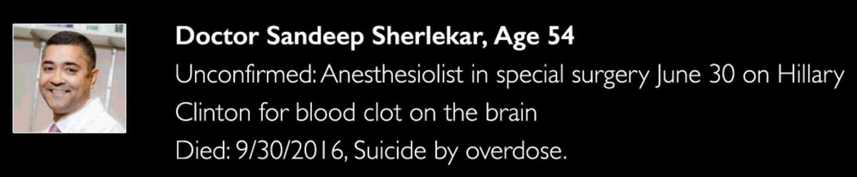 60. Dr. Sandeep Sherlekar, 51, pronounced dead 9/30/2016, of “apparent overdose suicide” at his office in Frederick, Maryland. Dr. Sherlekar performed “secret surgery” on Hillary Clinton to remove “blood clot”.