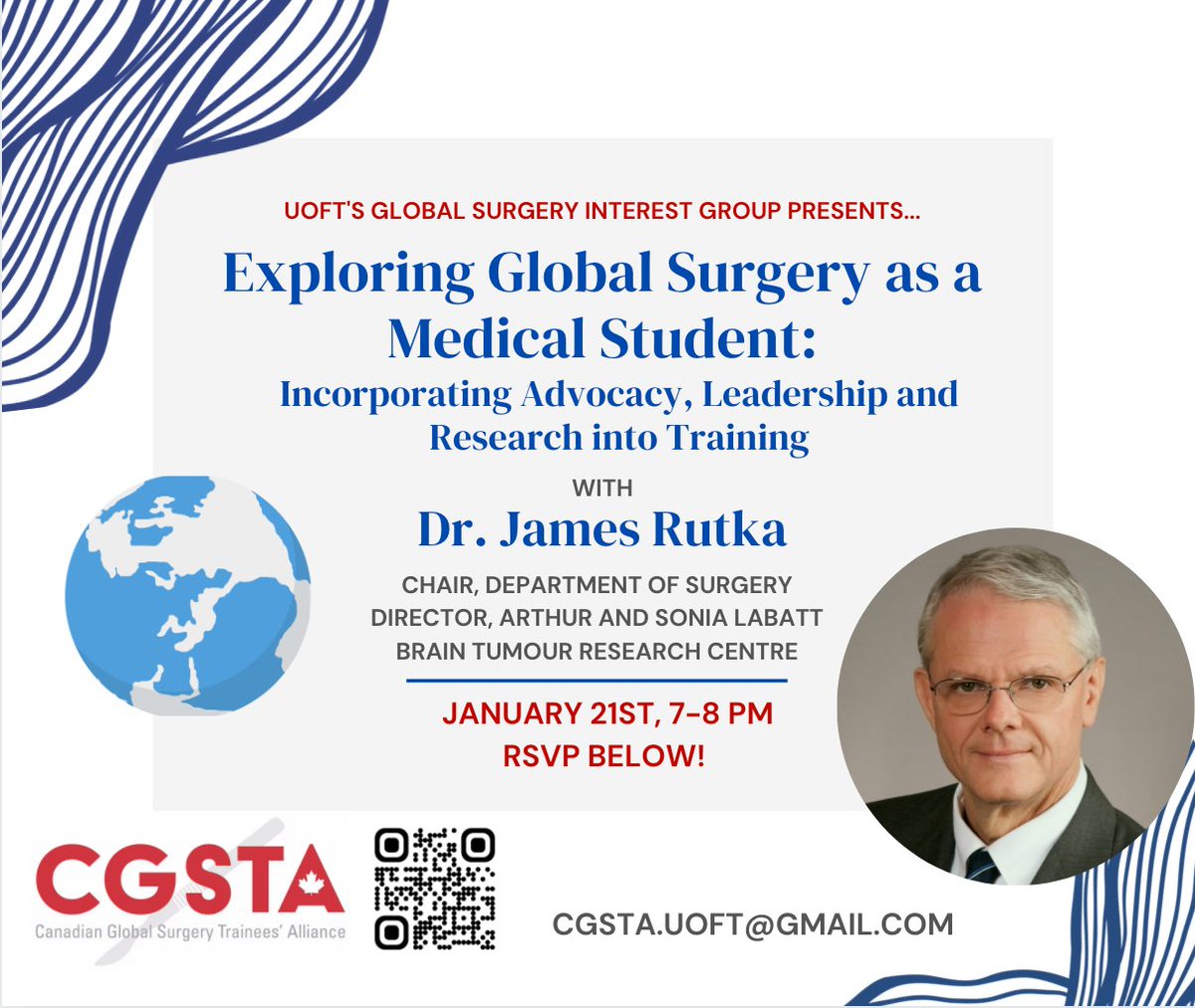 Interested in a career in global surgery?
Join us on Jan 21st, 7-8 PM to hear from Dr. Rutka and ask him your questions! Registration link is: forms.gle/cM3Ta4wMFCWS2a…
Feel free to message any of us with questions! CGSTA.UOFT@gmail.com