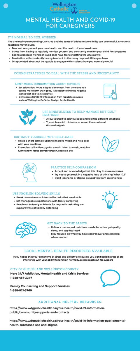With the recent news of extended online learning, Wellington Catholic’s Student Mental Health Services have compiled resource to support the mental health and wellbeing of students and caregivers. 

Please visit: bit.ly/2LpsQeY