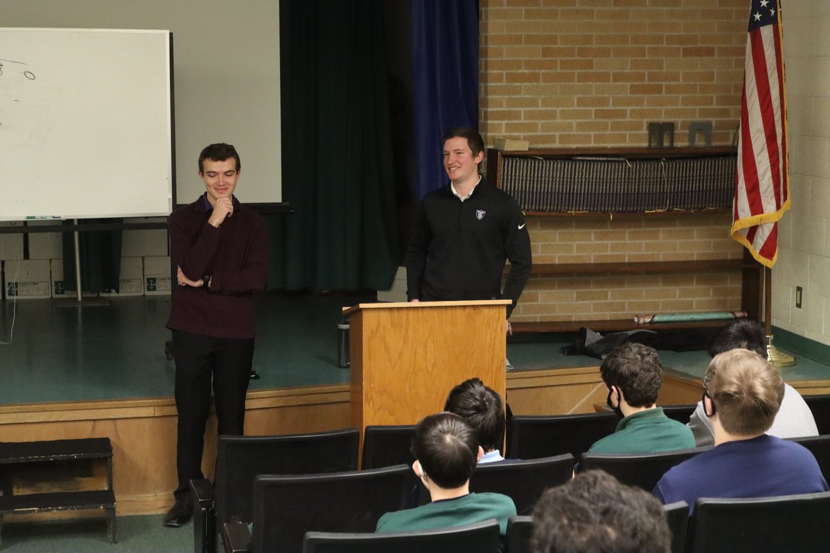 ScotusCC's tweet photo. We had two familiar faces walking the halls today. 2019 Scotus graduates Isaac Ostdiek and Caleb Kosch are current seminarians at Saint John Vianney College Seminary at @UofStThomasMN. They spoke to students about seminary life and growing in their faith. #TheScotusWay #Alumni https://t.co/KzoHYeCs05