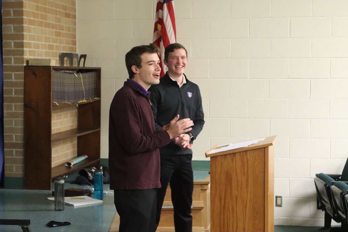 ScotusCC's tweet photo. We had two familiar faces walking the halls today. 2019 Scotus graduates Isaac Ostdiek and Caleb Kosch are current seminarians at Saint John Vianney College Seminary at @UofStThomasMN. They spoke to students about seminary life and growing in their faith. #TheScotusWay #Alumni https://t.co/KzoHYeCs05