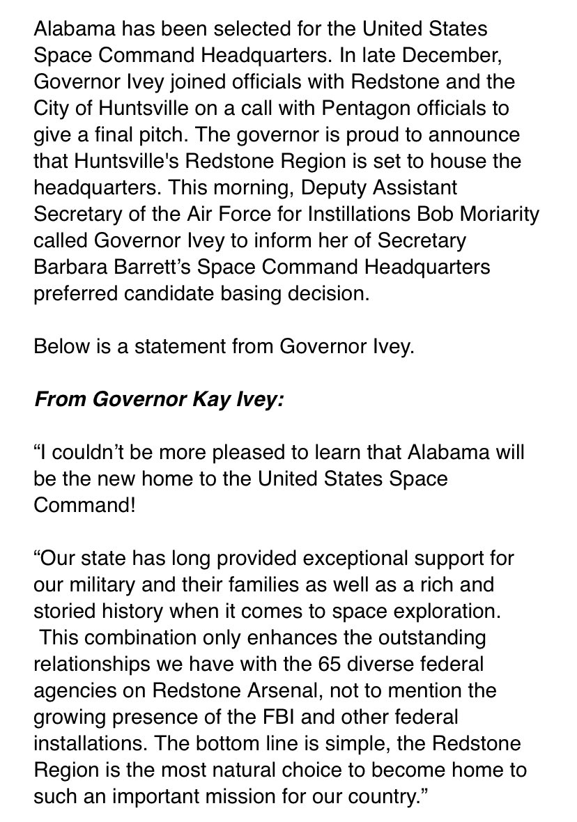 🚨 BREAKING NEWS 🚨 I couldn’t be more pleased to learn that Alabama will be the new home to the United States Space Command! @US_SpaceCom @huntsvillecity @TeamRedstone @usairforce #alpolitics