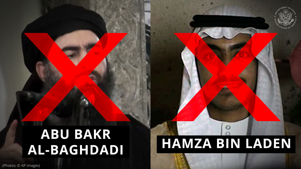 SecPompeo's tweet image. In 2019, ​we took out ISIS terrorist ​Abu Bakr Al-Baghdadi &amp;amp; al-Qa'ida terrorist Hamza bin Laden. US leadership + Global @Coalition = Dead Bad Guys. That's #EffectiveMultilateralism.