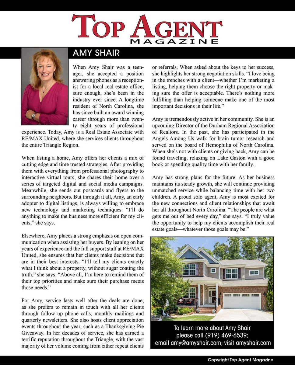 AmyShair's tweet photo. I am truly honored to have been featured in this edition of @TopAgentMag! If you're looking for a dedicated and qualified real estate agent to represent you and keep your best interests at heart, give me a call: 919-818-5001.
#topagentmagazine #trianglerealtor #amyshair
https://t.co/pFJ18c1PJ1