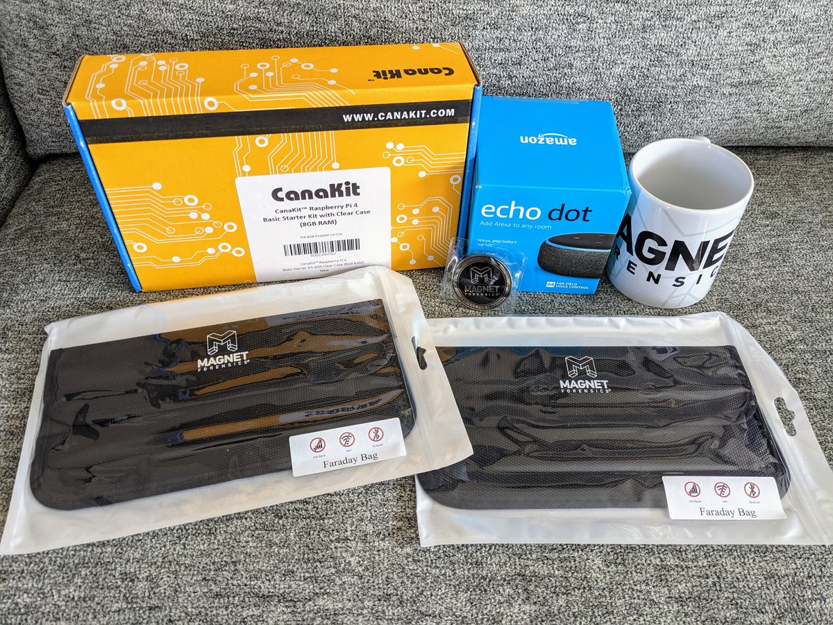 KevinPagano3's tweet image. A @canakit @Raspberry_Pi kit, an Echo Dot, and @MagnetForensics mug and faraday bags #MagnetWeeklyCTF 2/4