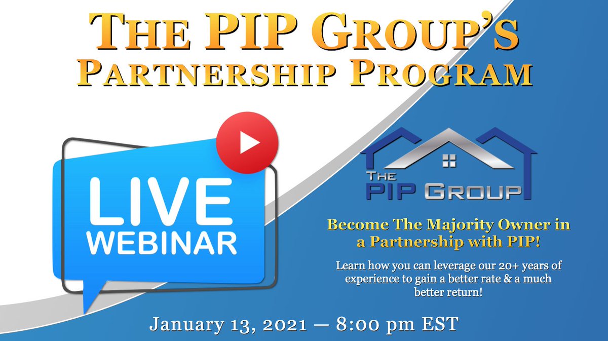 PIPGroup3's tweet image. FREE online Webinar -- Tonight 8pm EST
.
Learn how you can go from novice to seasoned overnight! 
.
Leverage our 20+ years of experience and hard money to create better loan rates and much better returns! 
.
Registrer now!
us02web.zoom.us/webinar/regist…