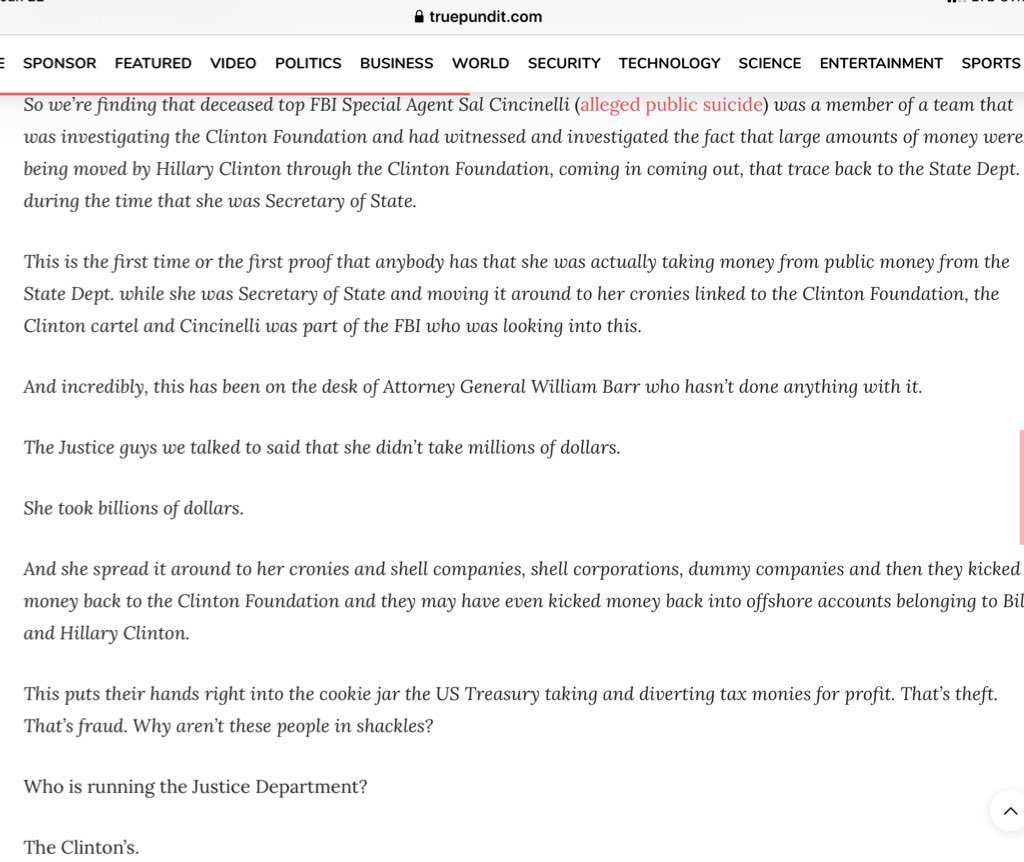 65)  @FBI Financial Crimes Unit Investigations Top Special Agent Salvatore “Sal” Cincinelli, 41, Died July 2019 “He had witnessed & investigated large amounts of money (BILLIONS) being moved by Hillary Clinton through Clinton Foundation... http://truepundit.com/top-fbi-agent- …