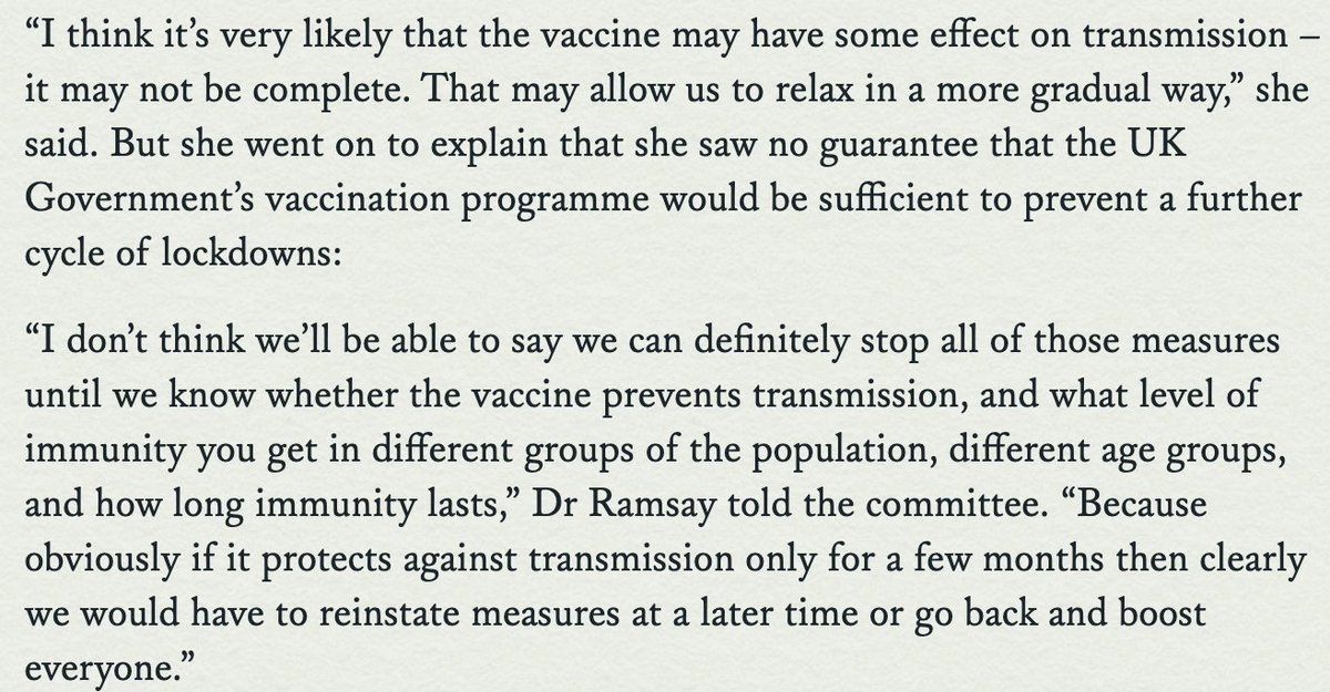 Worse still, the govt seems fully aware that vaccinating a subset, or even most of the population may not prevent transmission. They cannot & do not rule out the need for further lockdowns. Why, then, are there no plans to suppress & keep transmission down, to prevent this?