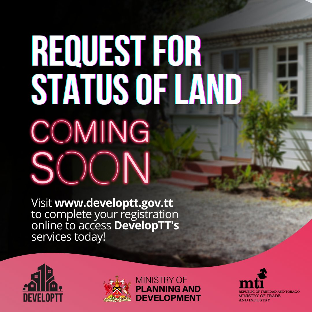 PlanningTT's tweet photo. Have you registered for DevelopTT as yet? 
Two new E-services in Stamp Duty Exemption &amp; Status of Land Correspondence are coming soon to DevelopTT, and now is an opportune time to get on board before these E-services are unveiled.  Complete your registration today!
#DevelopTT https://t.co/NIRP8gAEhK